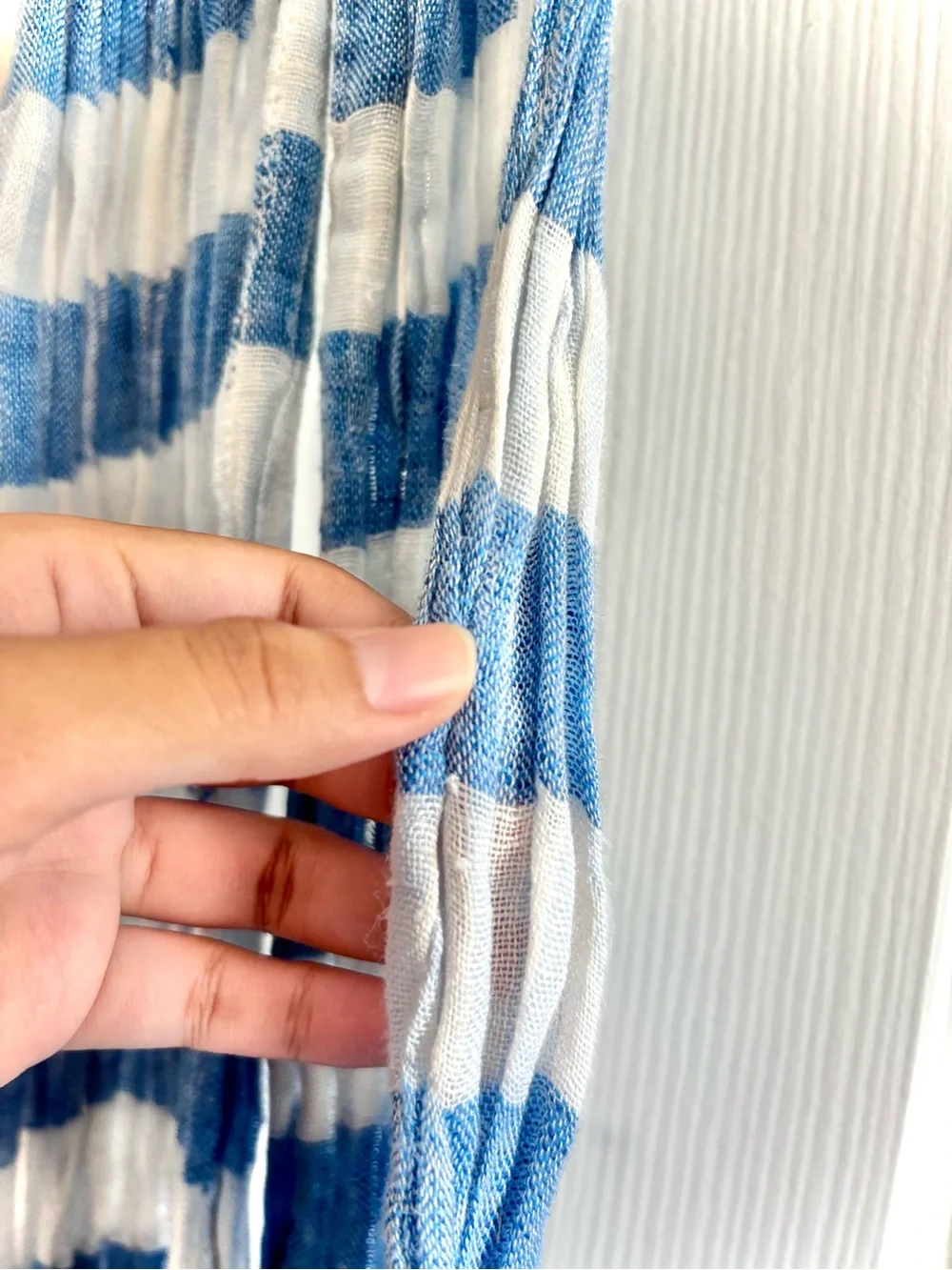 Gap Striped Gauze Cotton Lightweight Boho Scarf Blue Pom-Trim Scarf One Size